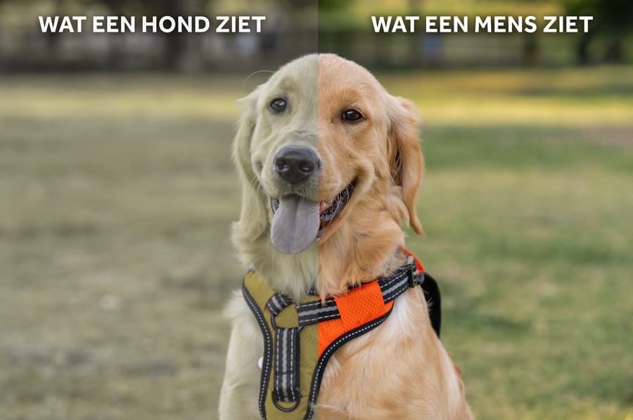 De kleuren die een hond kan zien tegenover de kleuren die een mens kan zien